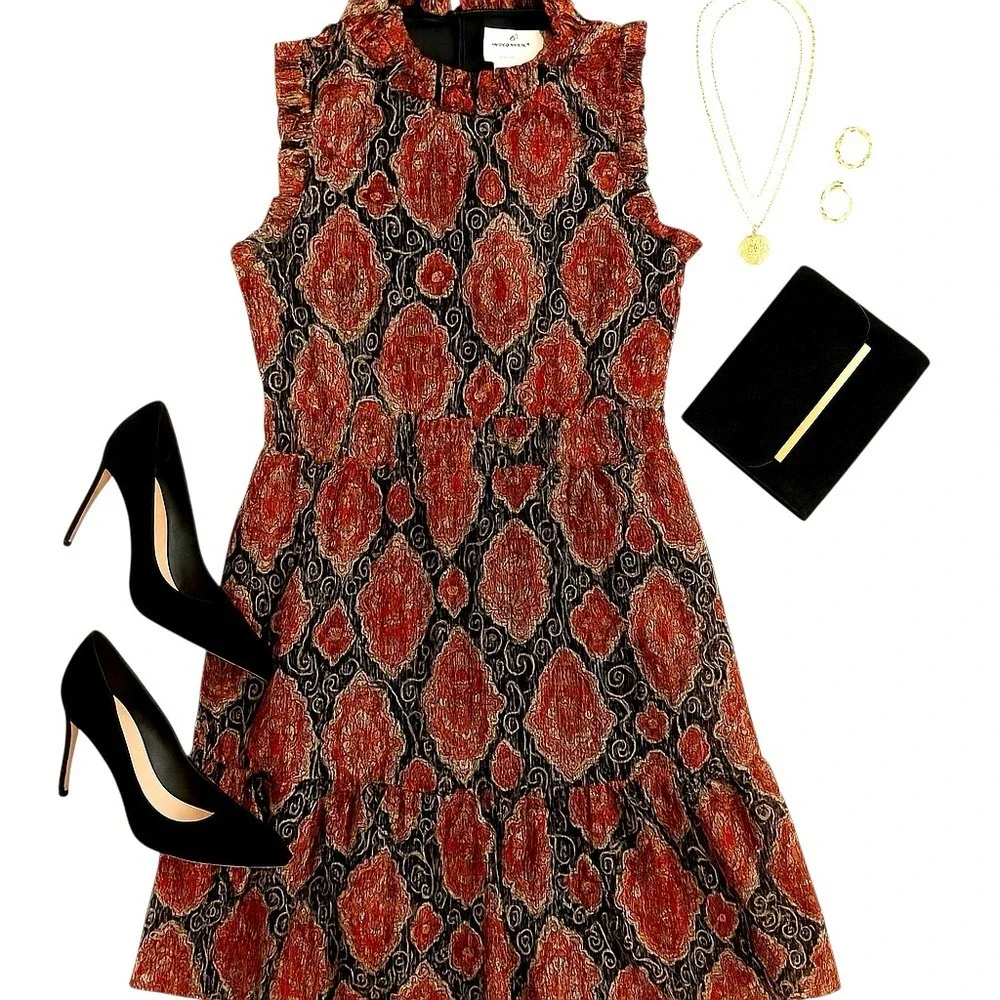 Kate Spade Metallic Paisley Ruffle Sleeveless Dress Womens Size 16 Cocktail Midi